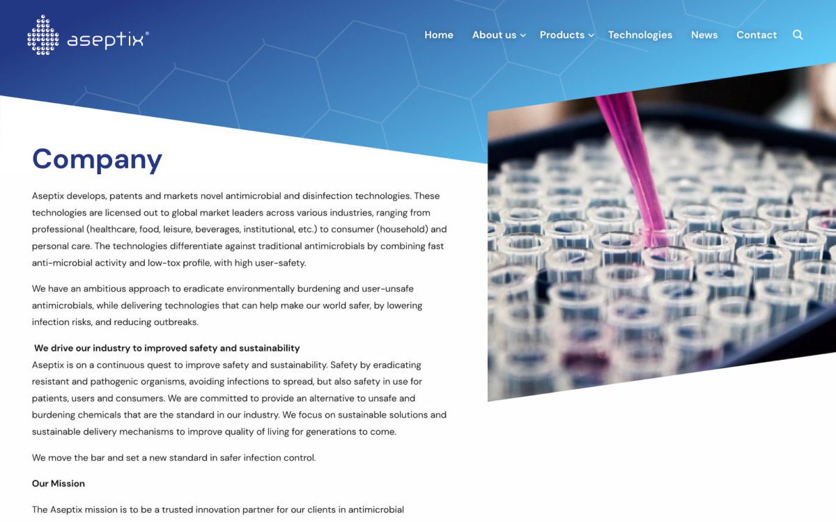 Screenshot Aseptix over het bedrijf