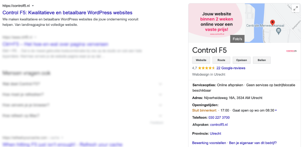 Control F5 Google Mijn Bedrijf vermelding