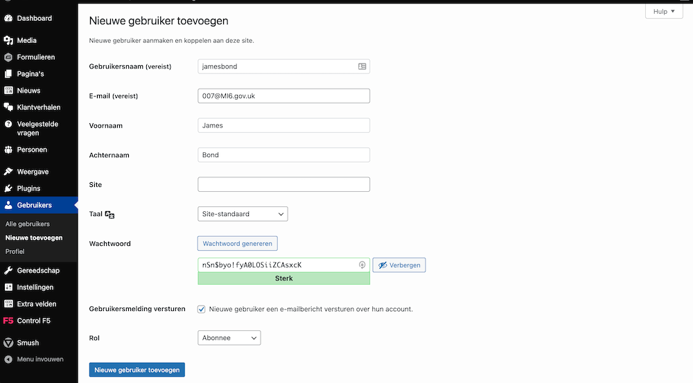 WordPress nieuwe gebruiker aanmaken