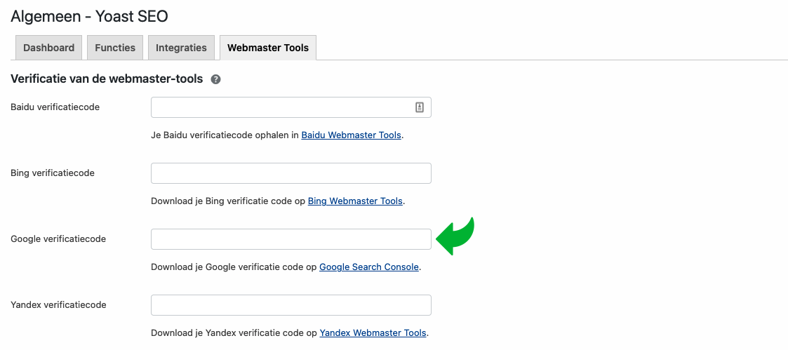 YoastSEO pagina GSC code
