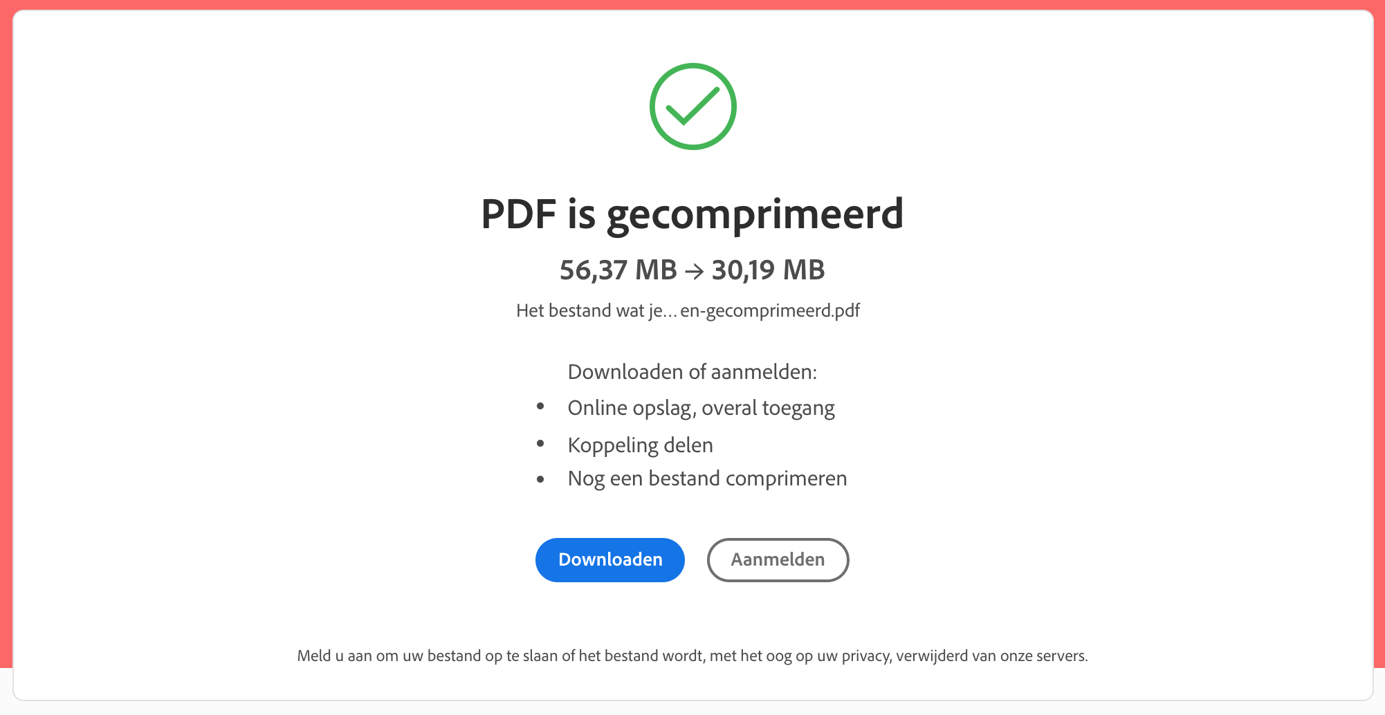Adobe PDF comprimeren is voltooid